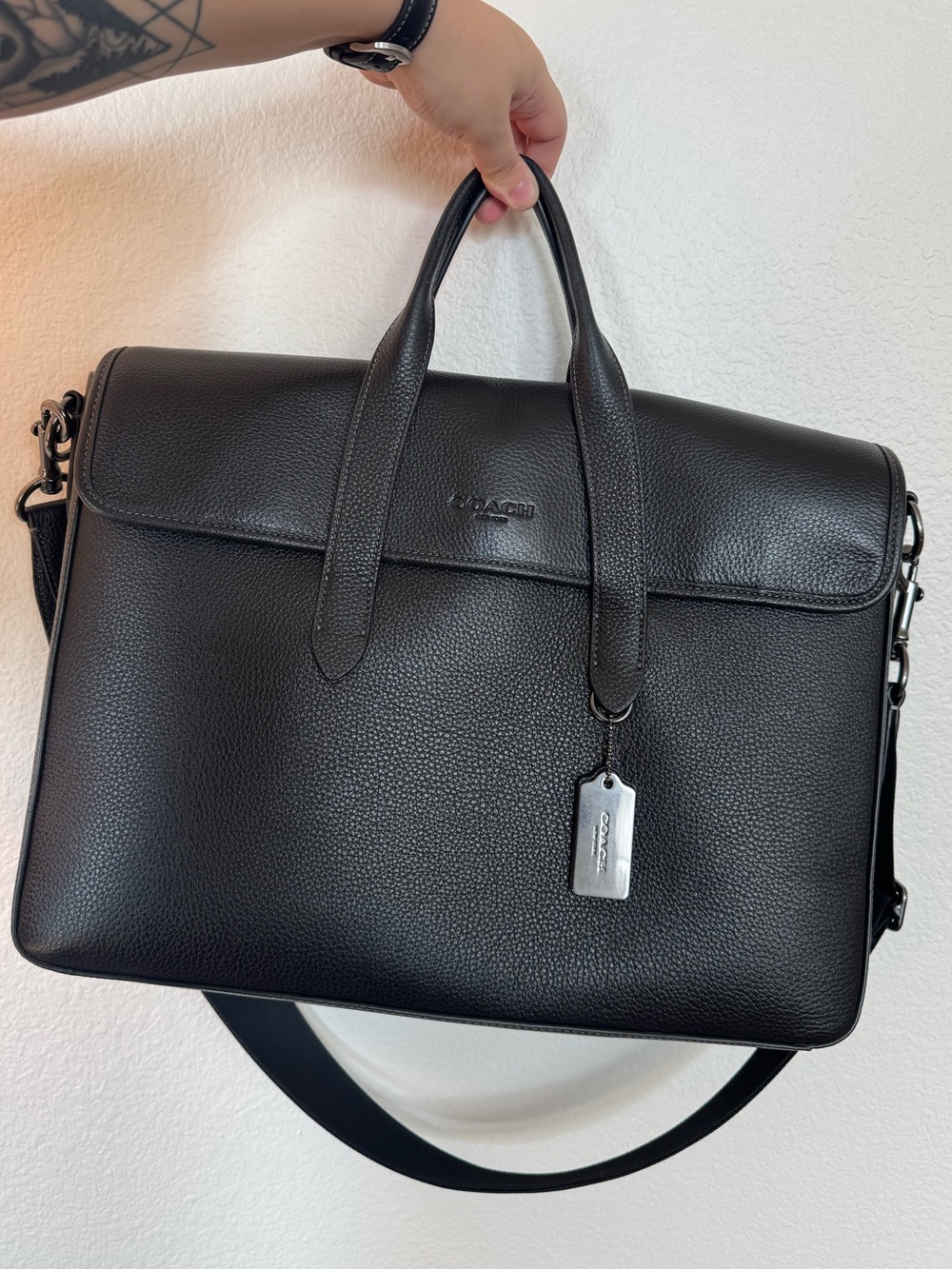 Coach Sullivan Black Pebbled Leather Briefcase with Detachable Strap